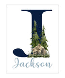 Personalized Woodland Bear Rustic Outdoor Wilderness Themed Baby Boy Nursery Decor Unframed Print - Baby Name Letter Initial Monogram