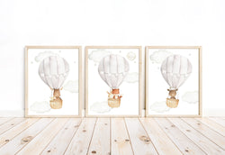 Woodland Animals Watercolor Hot Air Balloon Gender Neutral Nursery Set of 3 Unframed Prints Fox Deer Moose Bunny Mouse