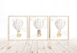 Woodland Animals Watercolor Hot Air Balloon Gender Neutral Nursery Set of 3 Unframed Prints Fox Bear Deer