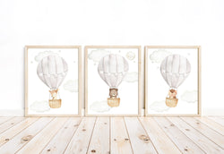 Woodland Animals Watercolor Hot Air Balloon Gender Neutral Nursery Set of 3 Unframed Prints Deer Bear Owl