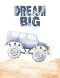Dream Big Watercolor Blue Monster Trucks Nursery Decor Set of 4 Unframed Prints for Little Boys Room How I Roll