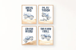 Dream Big Watercolor Blue Monster Trucks Nursery Decor Set of 4 Unframed Prints for Little Boys Room How I Roll