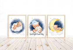 Good Night Sweet Baby Bear on Moon in Clouds and Stars Nursery Set of 3 Unframed Prints