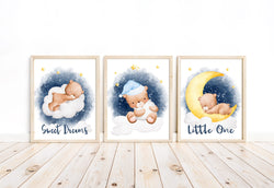 Sweet Dreams Little One Baby Bear on Moon in Clouds and Stars Nursery Set of 3 Unframed Prints