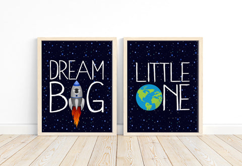 Dream Big Little One Outer Space Astronaut Boy Nursery Decor Set of 2 Unframed Prints Rocket Ship and Earth