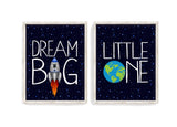 Dream Big Little One Outer Space Astronaut Boy Nursery Decor Set of 2 Unframed Prints Rocket Ship and Earth