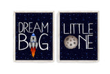 Dream Big Little One Outer Space Astronaut Boy Nursery Decor Set of 2 Unframed Prints Rocket Ship and Moon