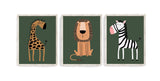 Boho Nursery Safari Animals Nursery Decor in Green Set of 3 Unframed Prints Zebra Lion Giraffe
