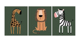 Boho Nursery Safari Animals Nursery Decor in Green Set of 3 Unframed Prints Zebra Lion Giraffe