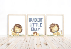 Handsome Little Boy Watercolor Lion Safari Animals Nursery Decor Set of 3 Unframed Prints