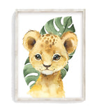 Watercolor Lion Cub and Monstera Leaves Safari Animals Nursery Art Decor Unframed Print