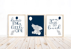 Baby Elephant Nursery Art Decor Set of 3 Unframed Prints in Navy - Dream Big Little One, You Are So Loved