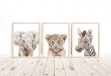 Safari Baby Animals Watercolor Nursery Decor Set of 3 Unframed Prints Elephant Lion Zebra