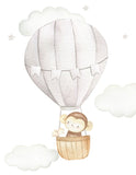 Monkey and Bird in Gray Hot Air Balloon Sky with Moon and Clouds and Stars Watercolor Nursery Decor Unframed Print