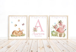 Personalized Name and Initial Pink Woodland Fairy and Baby Deer Forest Animal Watercolor Nursery Decor Set of 3 Unframed Prints