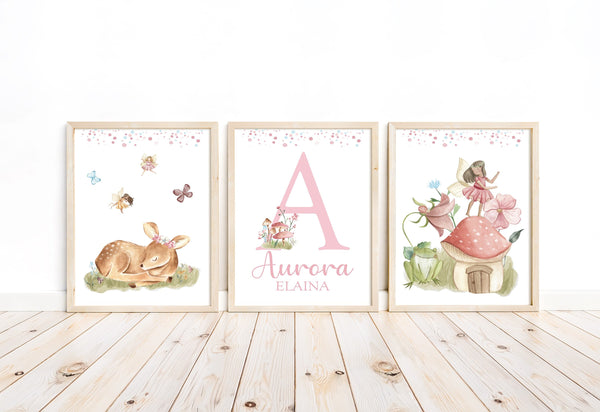 Personalized Name and Initial Pink Woodland Fairy and Baby Deer Forest Animal Watercolor Nursery Decor Set of 3 Unframed Prints