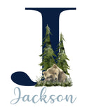 Personalized Woodland Bear Rustic Outdoor Wilderness Themed Baby Boy Nursery Decor Unframed Print - Baby Name Letter Initial Monogram
