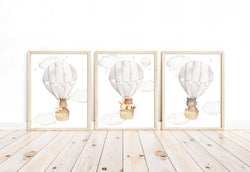 Woodland Animals Watercolor Hot Air Balloon Gender Neutral Nursery Set of 3 Unframed Prints Fox Bear Moose Bunny Mouse