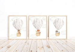 Woodland Animals Watercolor Hot Air Balloon Gender Neutral Nursery Set of 3 Unframed Prints Fox Raccoon Moose Bunny Mouse