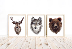 Watercolor Nature Nursery Little Boys Room Unframed Set of 3 Prints, Deer Wolf Bear Rustic Hunting Outdoor Themed Decor