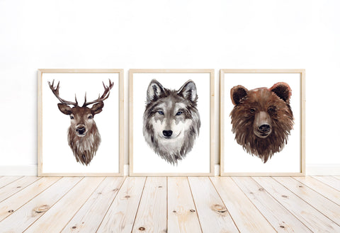 Watercolor Nature Nursery Little Boys Room Unframed Set of 3 Prints, Deer Wolf Bear Rustic Hunting Outdoor Themed Decor