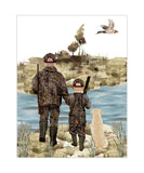 Watercolor Father Son Duck Hunting with Yellow Lab Puppy Dog Nursery Little Boys Room Unframed Print, Rustic Outdoor Themed Decor