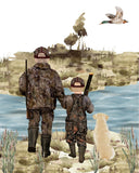 Watercolor Father Son Duck Hunting with Yellow Lab Puppy Dog Nursery Little Boys Room Unframed Print, Rustic Outdoor Themed Decor