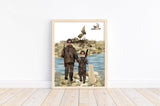 Watercolor Father Son Duck Hunting with Yellow Lab Puppy Dog Nursery Little Boys Room Unframed Print, Rustic Outdoor Themed Decor