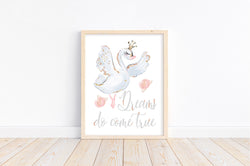 Watercolor Ballerina Swan White and Gold Ballet Nursery Little Girls Room Decor Unframed Print - Dreams Do Come True