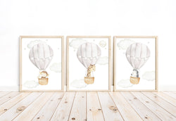 Safari Animals Watercolor Hot Air Balloon Gender Neutral Nursery Set of 3 Unframed Prints Monkey Giraffe Zebra