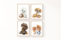 Watercolor Sports Dog Nursery or Kids Room Set of 4 Unframed Prints Football Baseball Soccer and Hockey