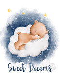Sweet Dreams Little One Baby Bear on Moon in Clouds and Stars Nursery Set of 2 Unframed Prints