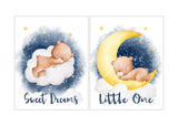 Sweet Dreams Little One Baby Bear on Moon in Clouds and Stars Nursery Set of 2 Unframed Prints