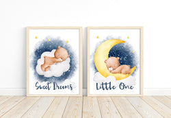 Sweet Dreams Little One Baby Bear on Moon in Clouds and Stars Nursery Set of 2 Unframed Prints