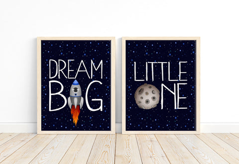 Dream Big Little One Outer Space Astronaut Boy Nursery Decor Set of 2 Unframed Prints Rocket Ship and Moon
