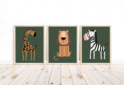 Boho Nursery Safari Animals Nursery Decor in Green Set of 3 Unframed Prints Zebra Lion Giraffe