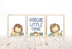 Handsome Little One Watercolor Lion Safari Animals Nursery Decor Set of 3 Unframed Prints