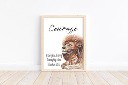 Courage Watercolor Lion and Cub Christian Nursery Unframed Print - Be courageous Be strong Do Everything in Love - 1 Corinthians 16:13-14