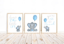 Watercolor Baby Boy Elephant Nursery Art Decor Set of 3 Unframed Prints in Blue and Gray - Dream Big Little One, You Are So Loved