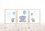 Watercolor Baby Boy Elephant Nursery Art Decor Set of 3 Unframed Prints in Blue and Gray - Dream Big Little One, You Are So Loved