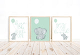 Watercolor Baby Elephant in Mint Nursery Art Decor Set of 3 Unframed Prints in Mint and Gray - Dream Big Little One, You Are So Loved