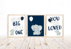 Watercolor Baby Elephant Nursery Art Decor Set of 3 Unframed Prints in Navy - Dream Big Little One, You Are So Loved