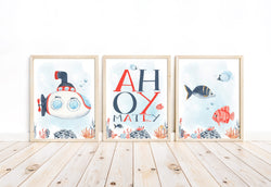 Ahoy Matey Watercolor Nautical Ocean Nursery Set of 3 Unframed Prints, Under the Sea Gender Neutral Art