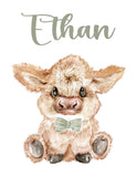 Personalized Watercolor Highland Cow Rustic Farmhouse Baby Boy Nursery Unframed Print - Baby Name Letter Initial Monogram