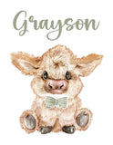 Personalized Watercolor Highland Cow Rustic Farmhouse Baby Boy Nursery Unframed Print - Baby Name Letter Initial Monogram