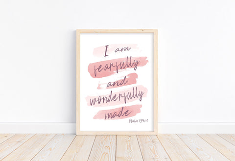 Watercolor Blush Pink and Purple Scripture Unframed Print, Fearfully and Wonderfully Made, Psalm 139:14, Kid Bible Verse Nursery Wall Decor