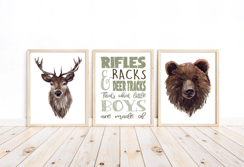 Deer Bear What Little Boys Are Made Of Watercolor Nature Nursery Unframed Set of 3 Prints Rustic Hunting Outdoor Themed Decor