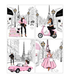 African American Fashion Paris Tween Teen Girl Room Decor Set of 4 Unframed Prints in Pink and Black
