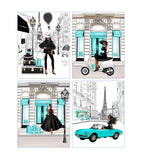 African American Fashion Paris Tween Teen Girl Room Decor Set of 4 Unframed Prints in Teal and Black