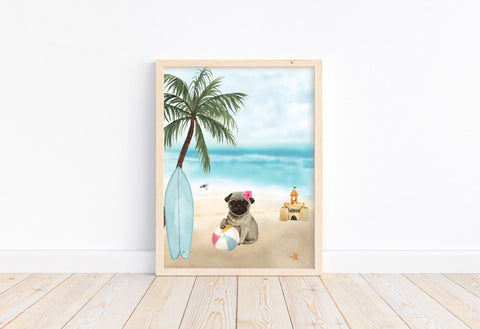 Pug Puppy Girl Dog at Beach Watercolor Dog Illustration Unframed Print, Nursery Decor, Kid's Bedroom, Laundry Room or Dog Lover
